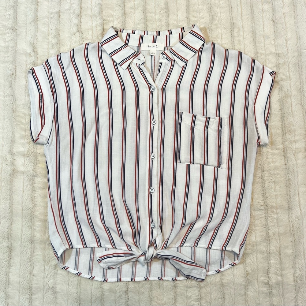 Becaal Crop Tie Bottom Rayon Button Up Striped Top Size Small